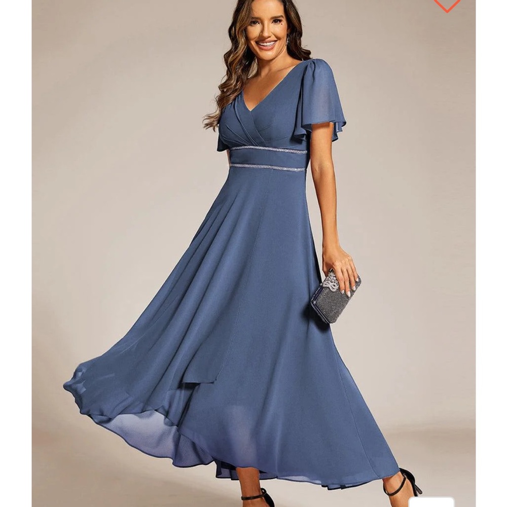 Dusty Blue Double V-Neck Waist Trimmed Chiffon Formal Evening Dress